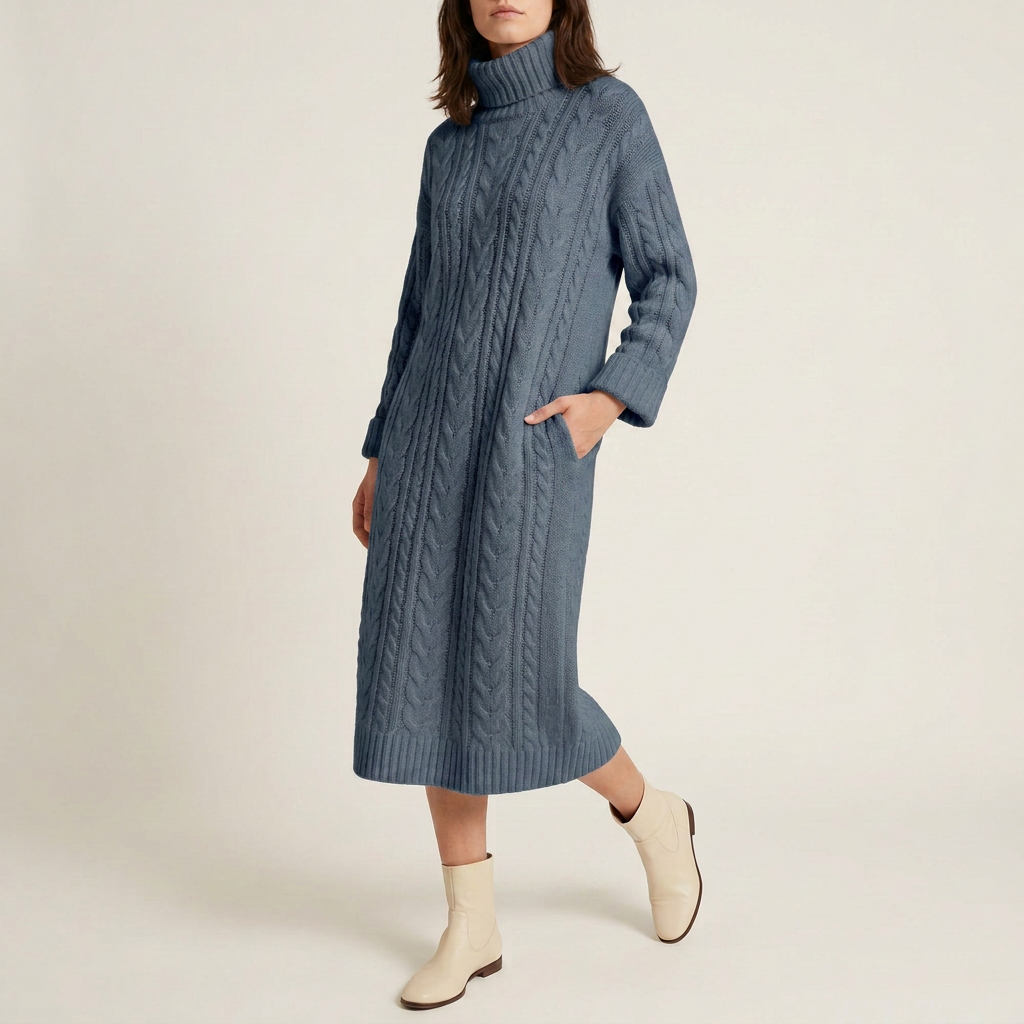 Ivory Cable-Knit Turtleneck Midi Dress