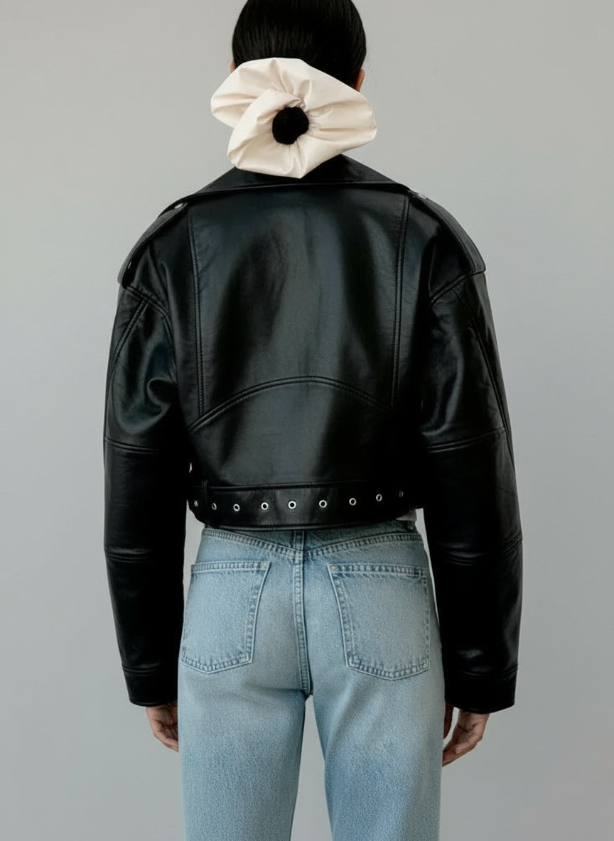 Belted Leather Biker Jacket in Short Cut