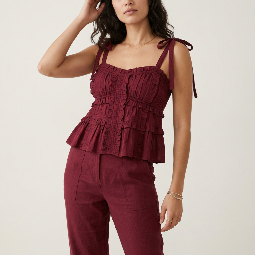 Burgundy Ruffled Tie-Strap Cami Top