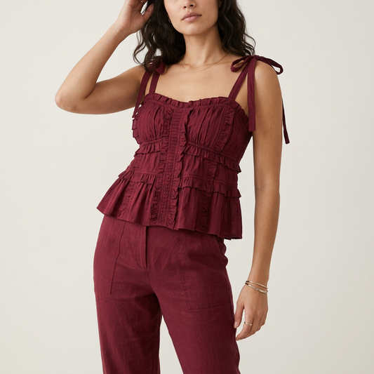 Burgundy Ruffled Tie-Strap Cami Top