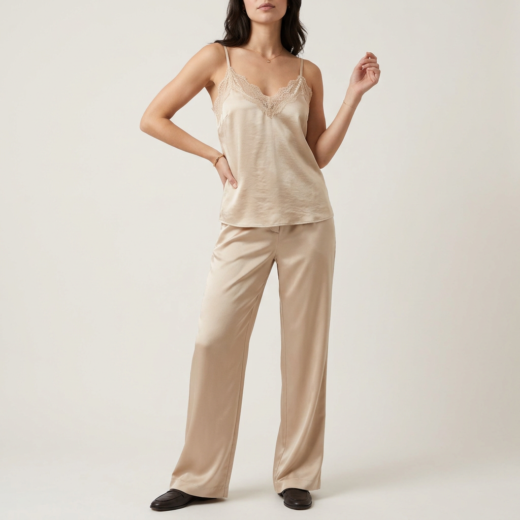 Champagne Lace-Trim Satin Cami Top