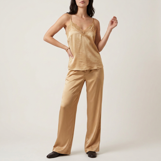 Champagne Lace-Trim Satin Cami Top
