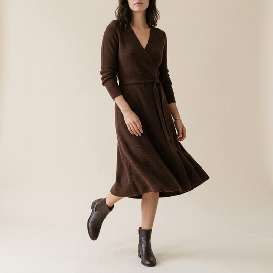 Chestnut Wool-Blend Wrap Sweater Dress