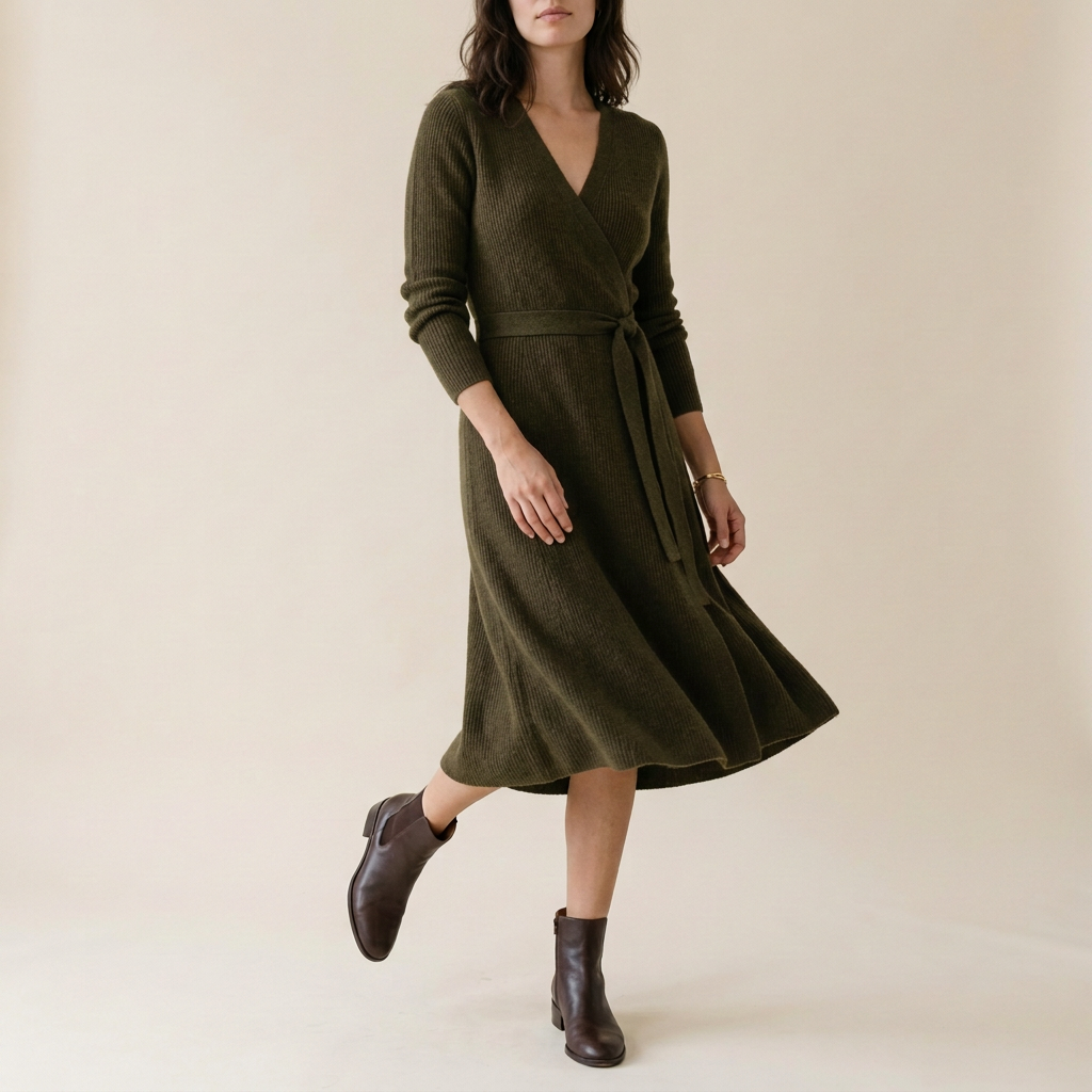 Chestnut Wool-Blend Wrap Sweater Dress