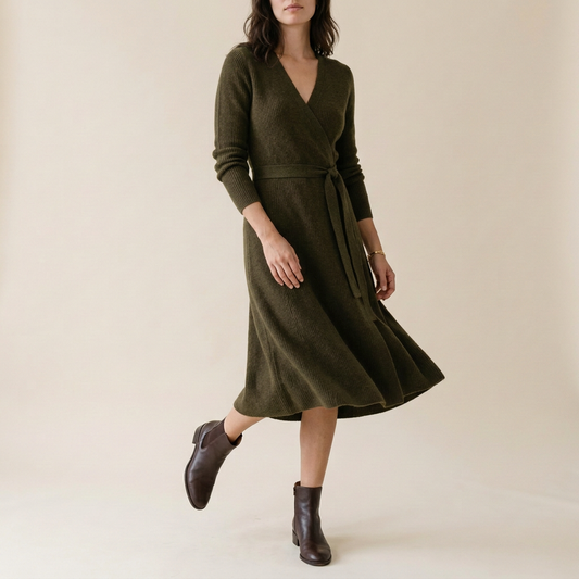 Chestnut Wool-Blend Wrap Sweater Dress