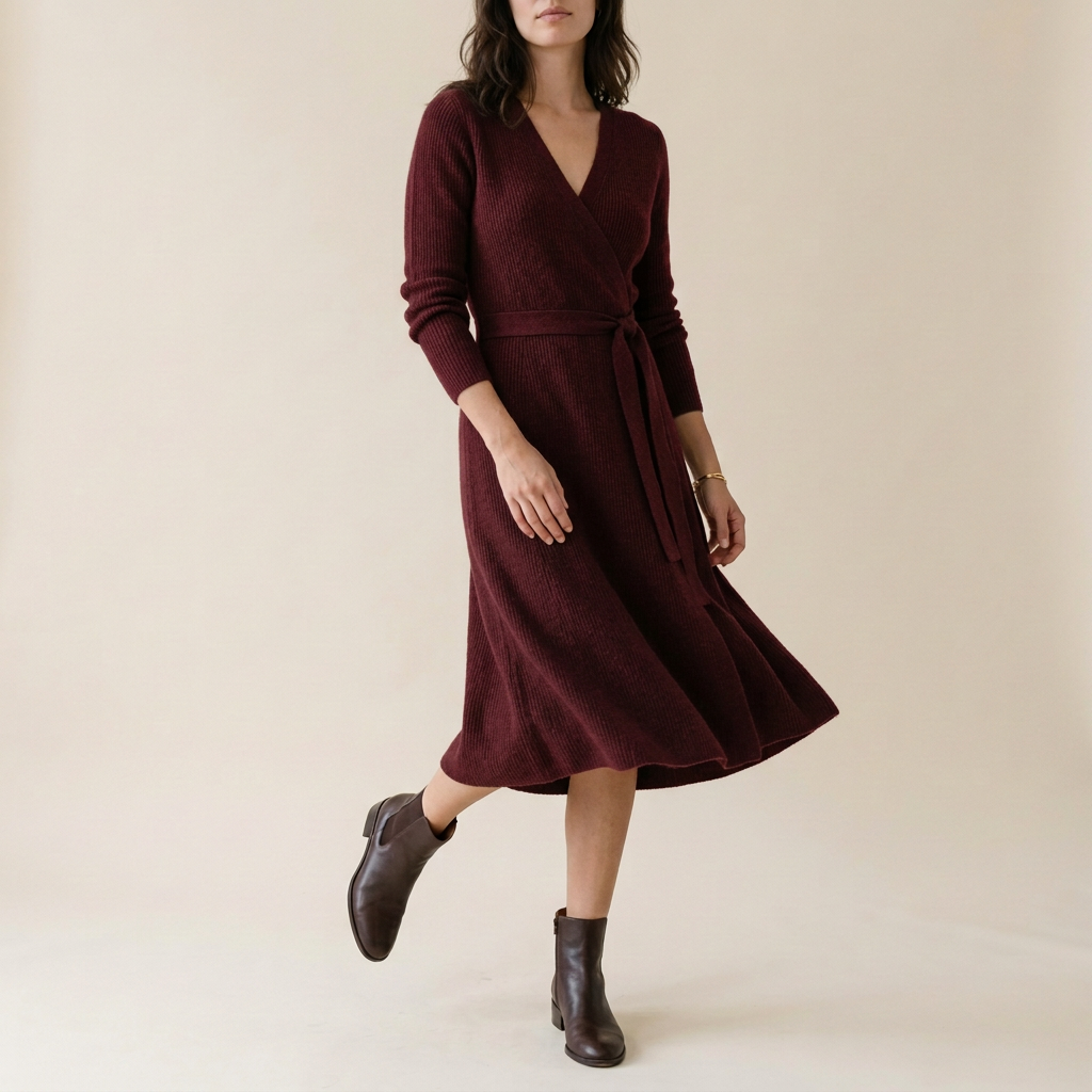 Chestnut Wool-Blend Wrap Sweater Dress
