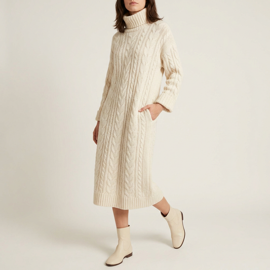 Ivory Cable-Knit Turtleneck Midi Dress