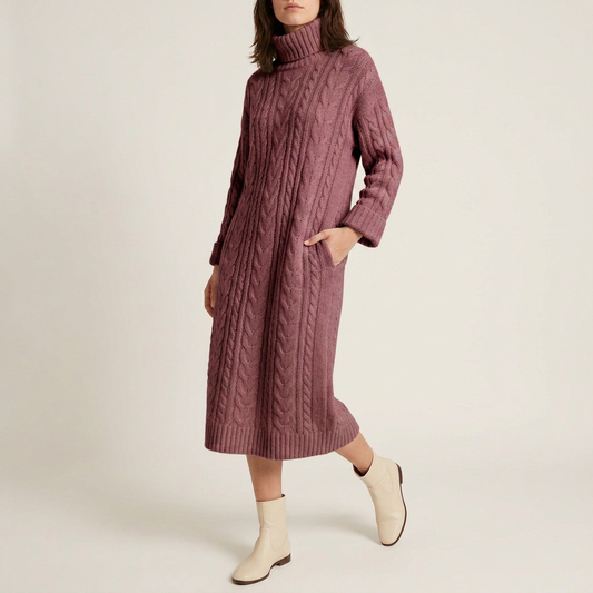 Ivory Cable-Knit Turtleneck Midi Dress