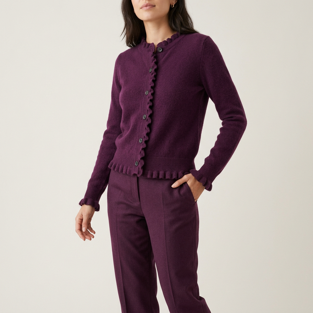 Plum Ruffle-Trim Wool Cardigan