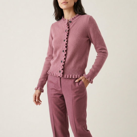Plum Ruffle-Trim Wool Cardigan