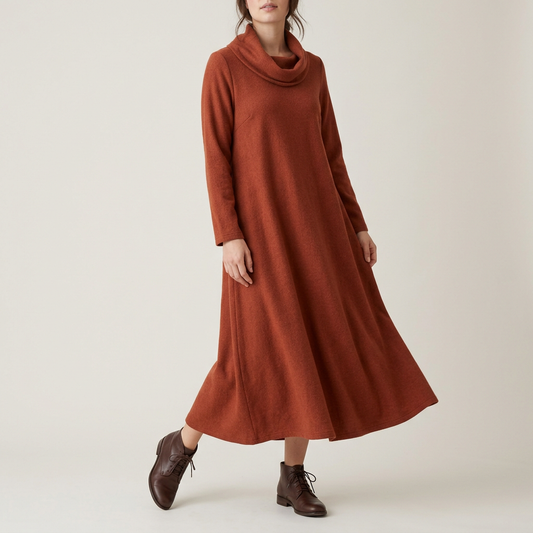 Terracotta Wool-Blend Cowl-Neck Dress