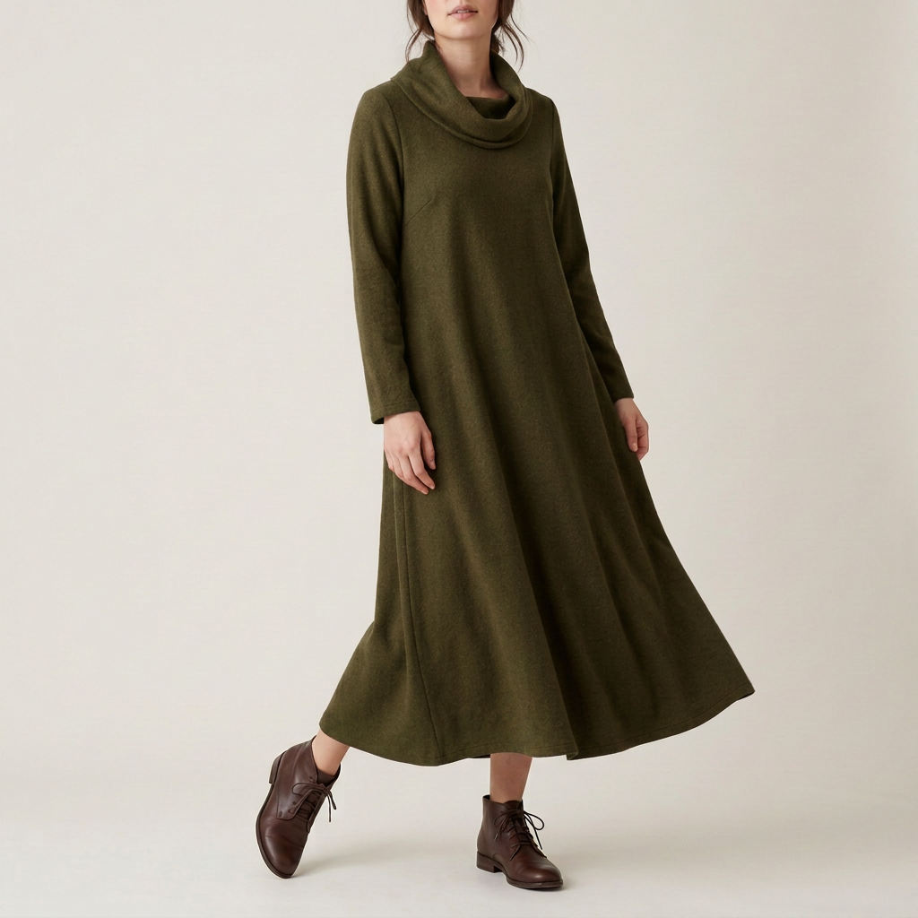 Terracotta Wool-Blend Cowl-Neck Dress