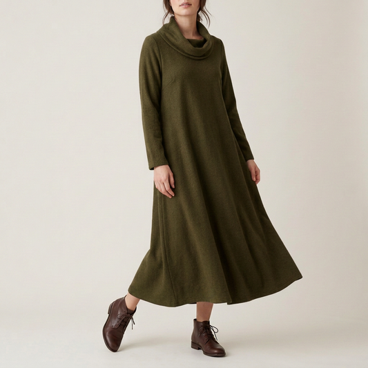 Terracotta Wool-Blend Cowl-Neck Dress