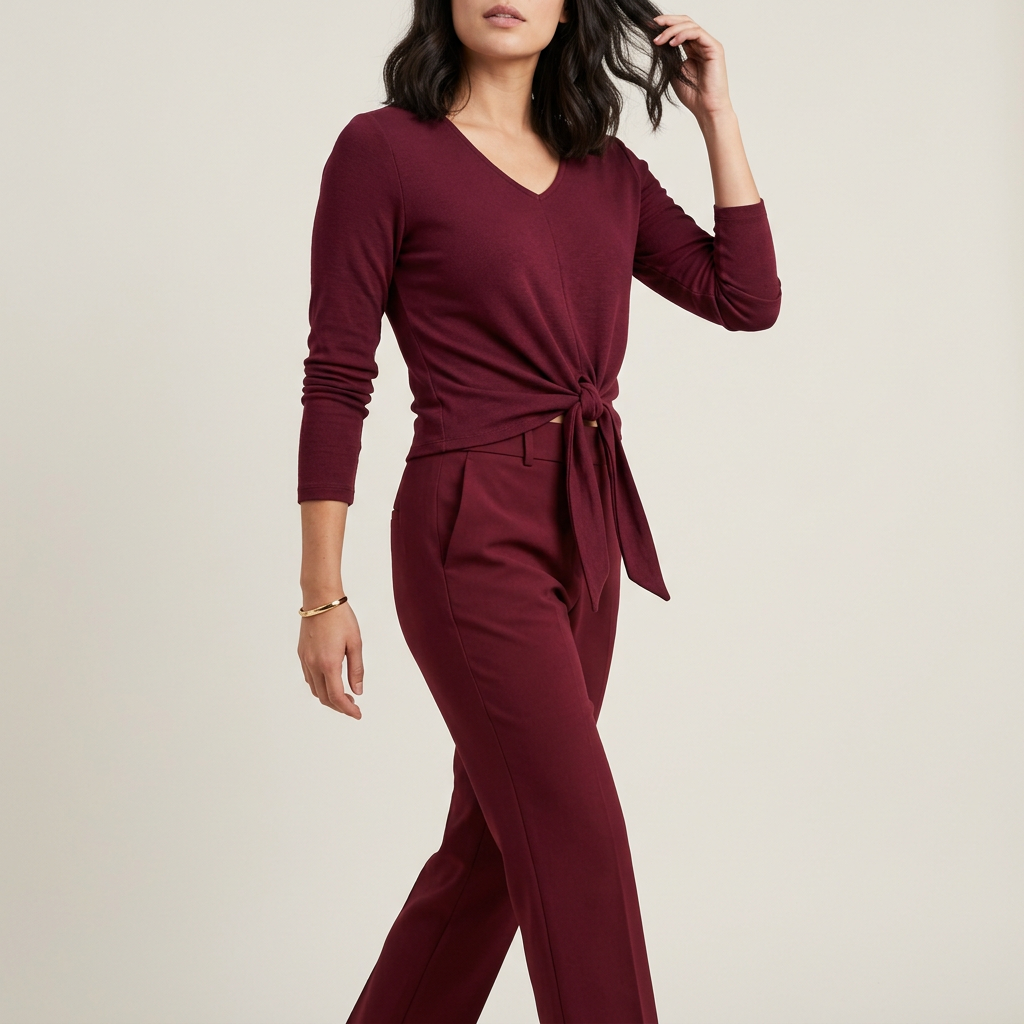 Wine Long-Sleeve Tie-Front Top