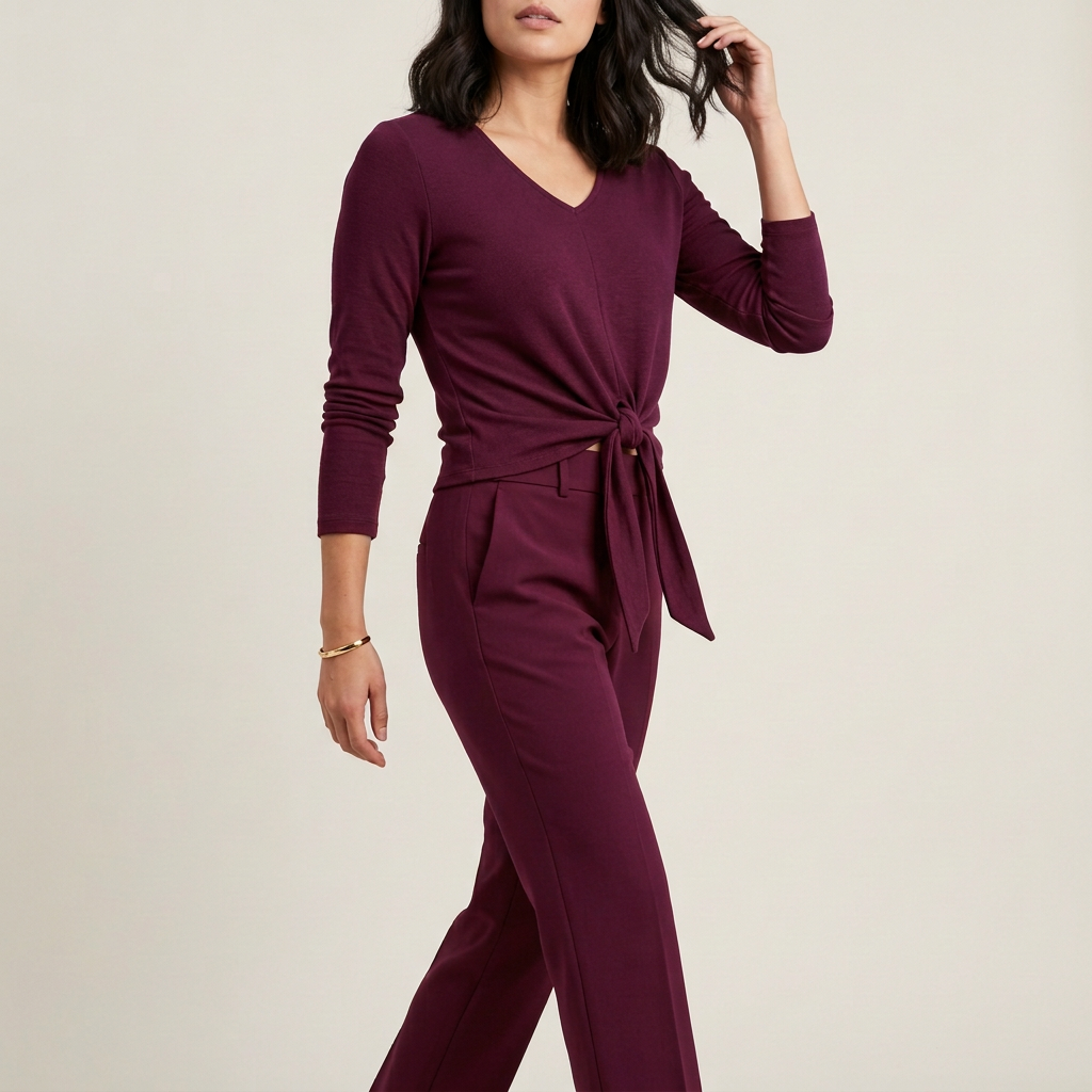 Wine Long-Sleeve Tie-Front Top