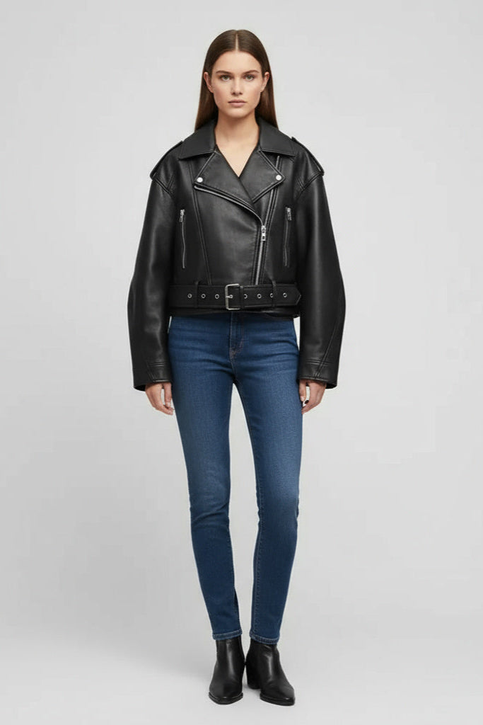 Belted Leather Biker Jacket in Short Cut