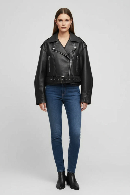 Belted Leather Biker Jacket in Short Cut