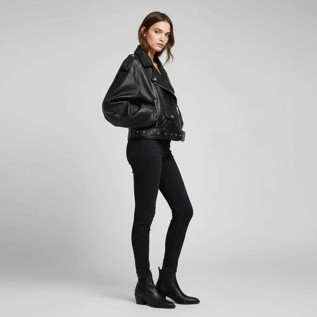 Belted Leather Biker Jacket in Short Cut