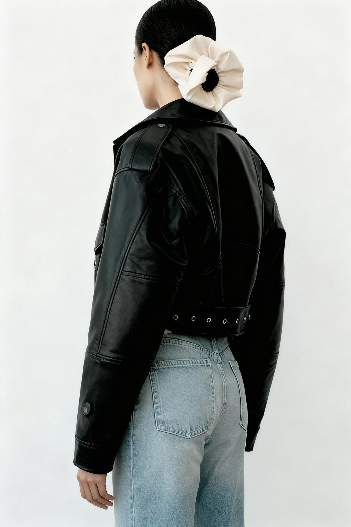 Belted Leather Biker Jacket in Short Cut